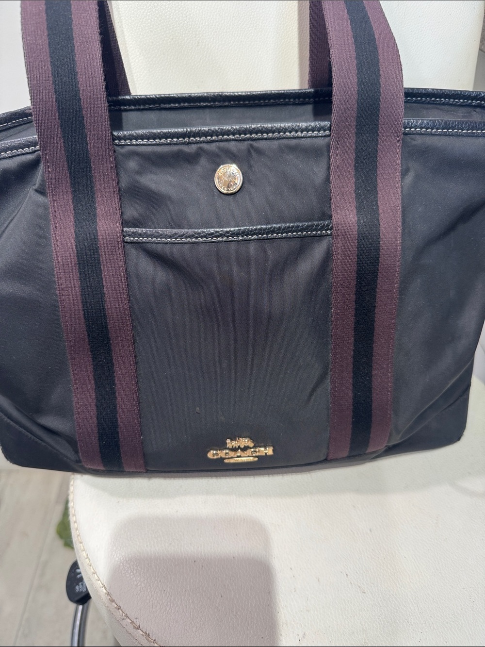 Coach Black Tote with Burgundy-Striped Handles